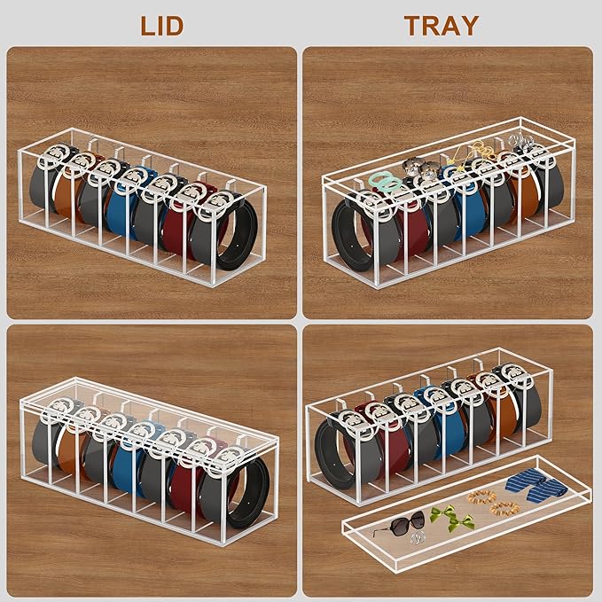 Adjustable Acrylic Belt Organizer with 6 Removable Dividers and a Dust Lid, Clear Belt Storage for Closet and Drawer, 7 Compartments Belt Box Holder for Singers, Men, Women (Adjustable Version)