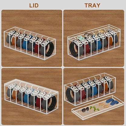 Adjustable Acrylic Belt Organizer with 6 Removable Dividers and a Dust Lid, Clear Belt Storage for Closet and Drawer, 7 Compartments Belt Box Holder for Singers, Men, Women (Adjustable Version)
