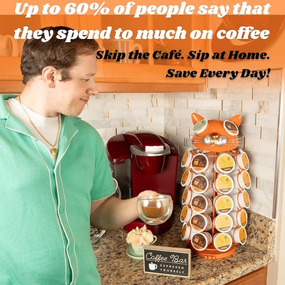 Made Easy Kit Carousel Coffee Pod Holder, Compatible with Keurig K-Pods K-Cups, Countertop Rack Storage Organizer, Metal Home and Kitchen Decor, Capsule Café Station Bar (Small, Orange Cat)