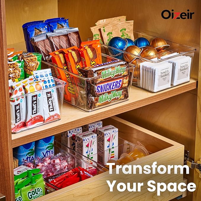 Oizeir Clear Pantry Organizer Bins 4-Pack - Fridge Organizer with 3 Removable Dividers - Kitchen Pantry Organizers & Storage - Storage Cabinet Snack
