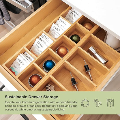 KitchenEdge Premium Utensils and Tea Bag Drawer Organizers – 14-Compartment Design with Removable Dividers, Non-Slip Feet, 100% Sustainable Bamboo, 2 Pack
