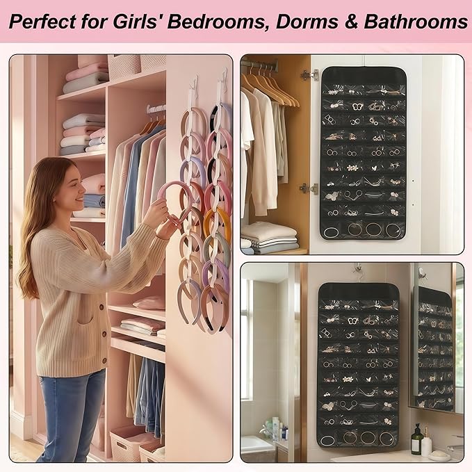 AZY 3PCS Headband Holder & Hair Accessory Organizer for Girls – 2 Hanging Headband Organizers for Headbands, Scrunchies & Hair Ties plus 80 Pocket Clear Jewelry Organizer for Bedroom, Dorm & Closet