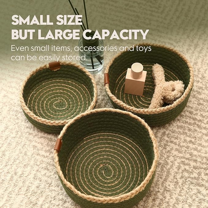 Sea Team 3-Pack Small Cotton Rope Storage Basket Set - Portable Round Organizers with Jute Braid for Small Items, Keys, Makeup & Trinkets
