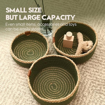 Sea Team 3-Pack Small Cotton Rope Storage Basket Set - Portable Round Organizers with Jute Braid for Small Items, Keys, Makeup & Trinkets