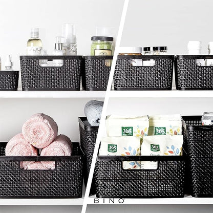 BINO | Woven Plastic Basket | Medium (Black), 4-Pack | THE JUTE COLLECTION | Home Organization, Space - Saving Storage, Stylish Design | Jute Basket | Plastic Storage Basket