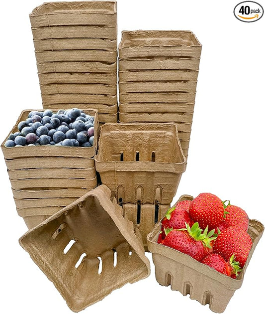 40 Pack Natural Berry Basket 1 Pint, Pulp Fiber Vented Produce Containers Farmers Market Basket, Fruit & Vegetable Containers