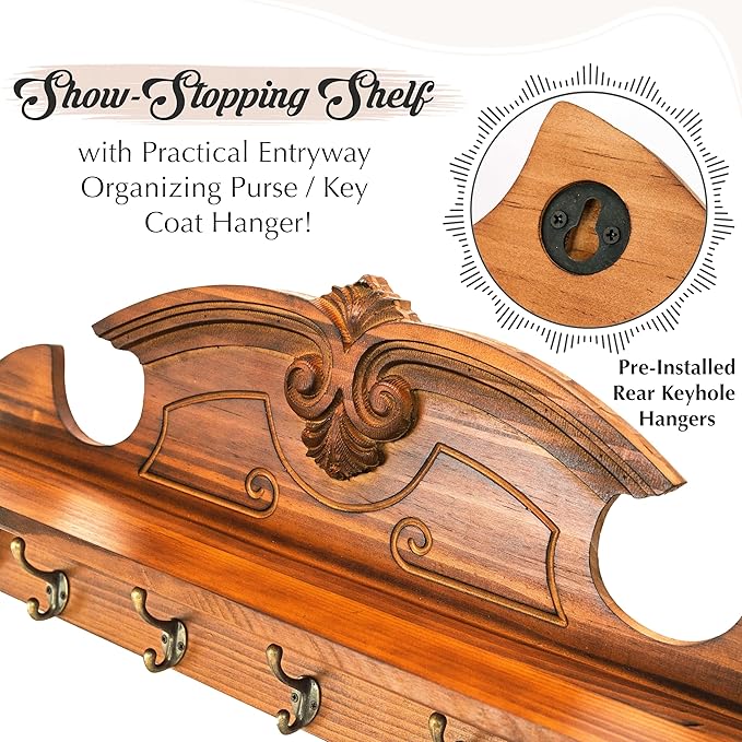 Coat Hanger Wall Mount with Shelf - Gorgeous 24" Farmhouse Coat Rack Wall Mount with Shelf with Hooks for Entryway - Wall Mounted Coat Rack for Wall Hanging Coats, Jackets, Purses, Keys (Brown)