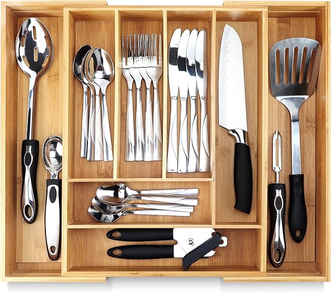 Pristine Bamboo Silverware Tray for Drawer Organizer,Kitchen Drawer Organizer,Cutlery Organizer in Drawer, Flatware Silverware Holder, Expandable Adjustable Wooden Dividers (8-slots)