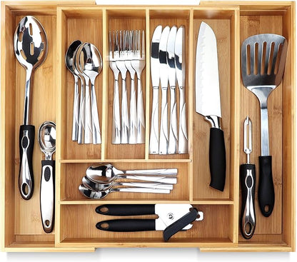 Pristine Bamboo Silverware Tray for Drawer Organizer,Kitchen Drawer Organizer,Cutlery Organizer in Drawer, Flatware Silverware Holder, Expandable Adjustable Wooden Dividers (8-slots)