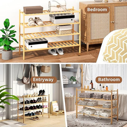 Bamboo Shoe Rack Stackable Shoe Shelf Storage Organizer for Unit Entryway Hallway and Closet Sturdy Freestanding Shoe Shelf (4L Tier Natural)