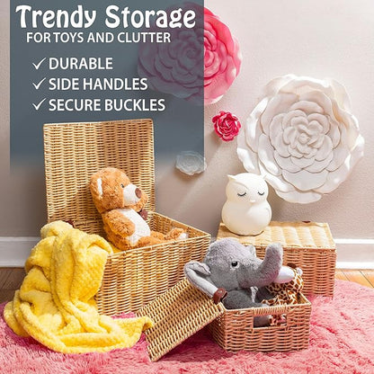 Wicker Storage Baskets Hand Woven with Lids – Set of 3 (Large, Medium, Small) for Organizing Clothes, Toys, Books – Cute Organizer Stackable Basket with Lid for Bedroom, Nursery, and Home Decor