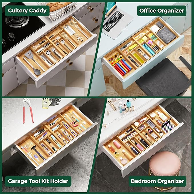 Large Silverware Organizer, 12 Slots Magnetic Connected Expandable Bamboo Utensil Drawer Organizer From 21 to 37.4 Inches, Adjustable Flatware and Cutlery Holder, Utensil Tray for Kitchen Natural