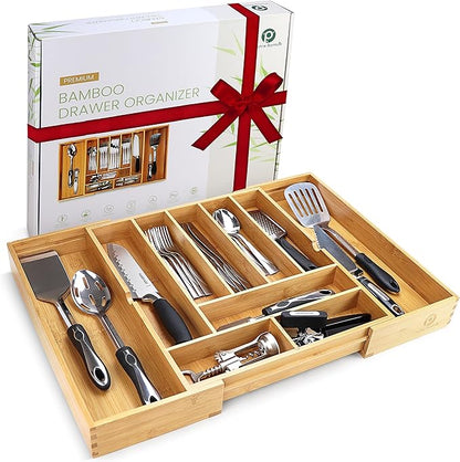 Pristine Bamboo Silverware Organizer - Expandable Kitchen Drawer Organizer - Adjustable Kitchen Drawer Organizer for Utensils, Expandable to 22 Inches Wide, 10 Compartments, Silverware Tray for Drawer