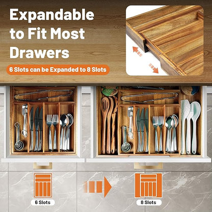 KITEISCAT Acacia Wood Expandable Silverware Organizer, Kitchen Utensil Drawer Organizer for Forks & Spoons, 8-Compartment Cutlery Tray, Flatware Holder