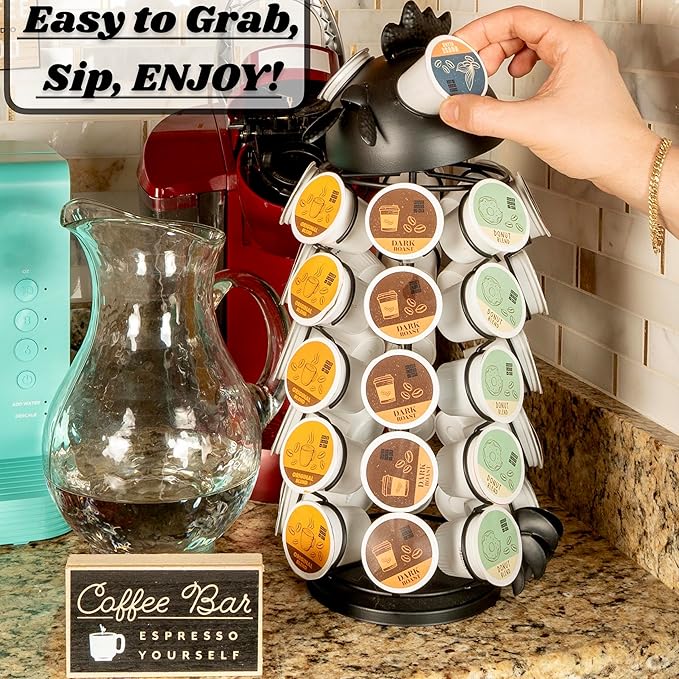 Made Easy Kit Carousel Coffee Pod Holder, Compatible with Keurig K-Pods K-Cups, Countertop Rack Storage Organizer, Metal Home and Kitchen Decor, Capsule Café Station Bar (Large, Black Rooster)