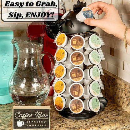 Made Easy Kit Carousel Coffee Pod Holder, Compatible with Keurig K-Pods K-Cups, Countertop Rack Storage Organizer, Metal Home and Kitchen Decor, Capsule Café Station Bar (Large, Black Rooster)