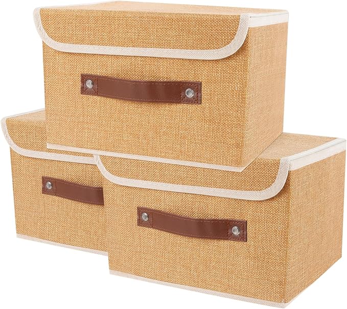 Small Storage Bin with Lid Storage Boxes,Collapsible Linen Storage Basket Container with Lid Storage Cube for Organizing Closets,3 Pack(Light brown)
