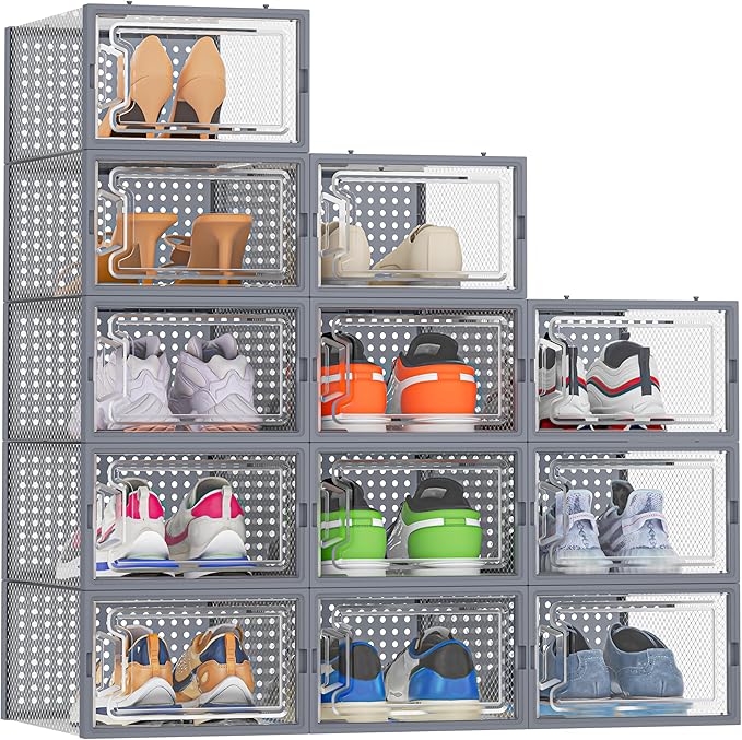 HOMIDEC Shoe Storage, 12 Pack Shoe Organizer for Closet, Shoe Boxes Clear Plastic Stackable Shoe Containers with Lids for Size 10
