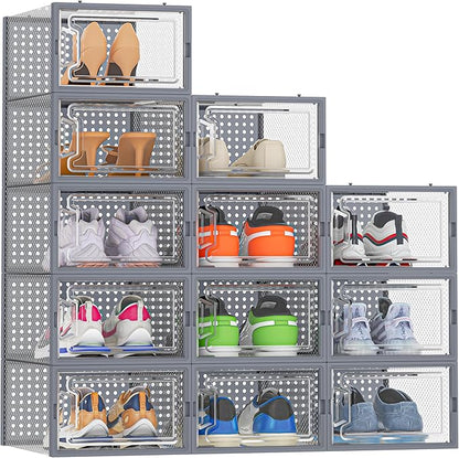 HOMIDEC Shoe Storage, 12 Pack Shoe Organizer for Closet, Shoe Boxes Clear Plastic Stackable Shoe Containers with Lids for Size 10