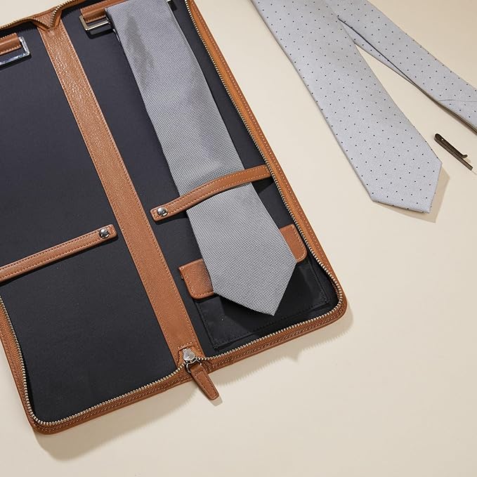 Leatherology Cognac Tie Case – Full Grain Leather Travel Organizer for 2–4 Ties with Nickel Bars, Interior Pocket for Cufflinks & Collar Stays, Slim Design with Zip & Snap Closure