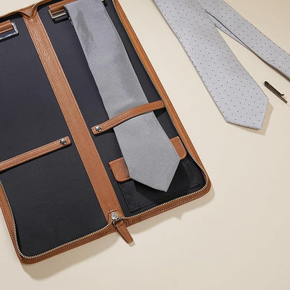 Leatherology Cognac Tie Case – Full Grain Leather Travel Organizer for 2–4 Ties with Nickel Bars, Interior Pocket for Cufflinks & Collar Stays, Slim Design with Zip & Snap Closure