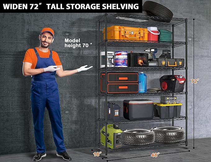 72" Storage Shelves Heavy Duty Shelving Loads 500/2100Lbs, 6 Tier Metal Utility Shelf Rack, Wide Garage Shelving, Adjustable Storage Shelves for Garage Basement Warehouse