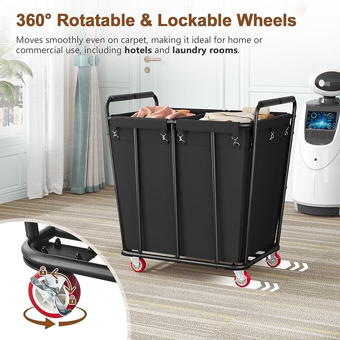 Hoctieon 2 Section Laundry Sorter Cart, 400L Rolling Hamper with Wheels, Industrial Laundry Basket Organizer, Extra Large Dirty Clothes Hamper for Home & Hotel, Heavy Duty, Black