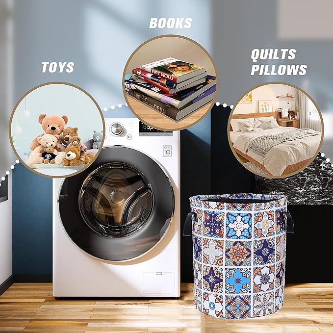 Mexican Tiles Pattern Laundry Basket Mandala Flowers Foldable Oxford Cloth Funny Tote Bag Laundry Hamper Clothes Storage Bucket Toy Organizer For Bathroom/Laundry Storage/Bedroom 17.7x13.7