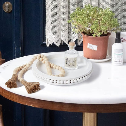 12 Inch White Beaded Lazy Susan for Table Top,Wooden Decorative Kitchen Organizer Turntable for Countertop,Lazy Susan for Dining Table Centerpiece Tray