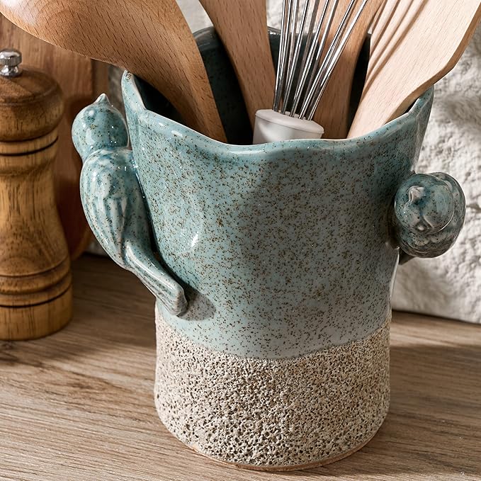 6.38“H Utensil Holder for Kitchen Counter, Modern Farmhouse Cooking Utensil Holder and Crock Home Kitchen Decor, Ceramic Utensil Organizer for Spatula, Ladle, Eggbeater, Rolling Pin- Blue and Brown