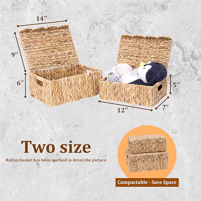 LUSYDECO Set of 2 Scalloped Edge Wicker Basket with Lids, Rectangle Wicker Storage Basket with Built-in Handles, Multipurpose Organizer Rattan Display Boxes for Shelf, Nursery Room