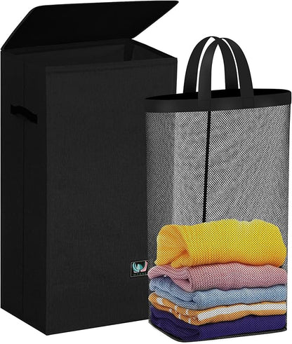 WTREE Laundry Hamper with Lid, Reinforced Sturdy Clothes Hamper with Anti-Puncture Base, Large Collapsible Laundry Basket with Removable Liner Bag, Tall Dirty Clothes Bin for Family, 100L Black