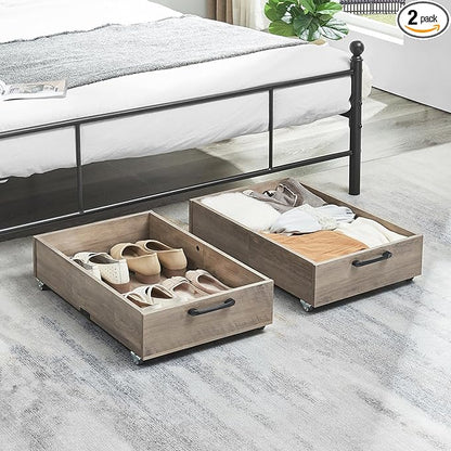 TIOPGHAD Under Bed Storage with Wheels, 2-Pack Under Bed Shoe Storage Organizer Drawer, Composite Wood Particleboard Organizer for Shoes Clothes Containers in Bedroom for Clothes,Shoes(Brownish-Gray)