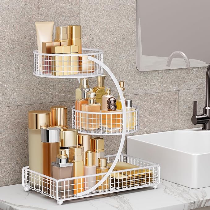 HBlife Makeup Organizer for Vanity, 3 Tier Metal Bathroom Countertop Organizers Skin Care Storage, Bathroom Counter Shelf Skincare Holder Perfume Cosmetic Display, White