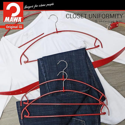Mawa by Reston Lloyd Euro Ultra Light/Thin Series, Non-Slip Space Saving Clothes Hanger with Bar & Hook for Pants and Skirts, Style 42/PTU, Set of 10, Red