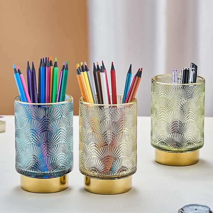 Makeup Brush Holder Organizer,Toothbrush Holders,Desk Pen Pencil Holder,Multifunctional Vintage Glass Brush Cup（A41-1-US）