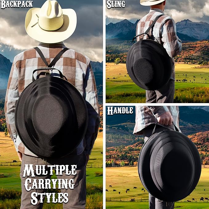 CASEMATIX Cowboy Hat Box and Portable Storage for Brims Up To 4.75'' - Hard Shell Case with Adjustable Carry Strap, Luggage ID Slot Foam Insert Dipping Brim Hats, Black, 18'' x 16'' x 8.3''