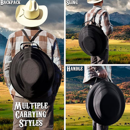 CASEMATIX Cowboy Hat Box and Portable Storage for Brims Up To 4.75'' - Hard Shell Case with Adjustable Carry Strap, Luggage ID Slot Foam Insert Dipping Brim Hats, Black, 18'' x 16'' x 8.3''