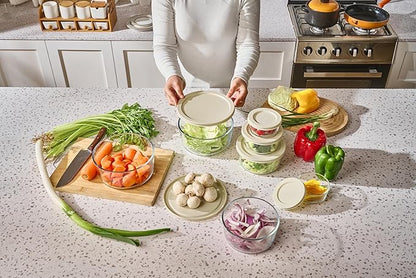 16-Piece Glass Food Storage Containers Set (8 Containers + 8 BPA-Free Lids) | 1-Cup, Leakproof | Microwave, Freezer, Oven & Dishwasher Safe | Ideal for Meal Prep & Pantry Organization, Beige