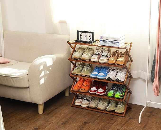 PENGKE 5 Tier Shoe Rack,Multi Tier Foldable Bamboo Shoe Organizer Rack Multifunctional Storage Free Standing Shoe Shelf