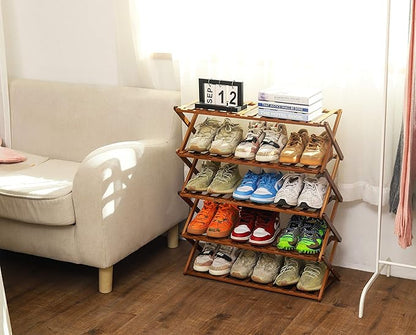 PENGKE 5 Tier Shoe Rack,Multi Tier Foldable Bamboo Shoe Organizer Rack Multifunctional Storage Free Standing Shoe Shelf