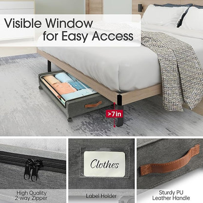 Yecaye Under Bed Storage with Wheels, 4 Pack Under Bed Rolling Storage with Clear Window & Label, 60 L Underbed Storage Containers, Rolling Under Bed Metal Drawer for Clothes, Shoes, Books