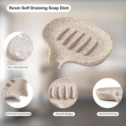 Self Draining Soap Dish for Shower and Bathroom Sink - Large Marble Resin Soap Holder with Drain, Non Slip Soap Tray for Bar Soap, Kitchen & Bathroom Counter