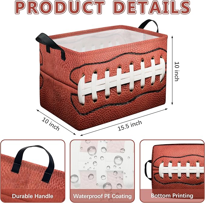 Football Storage Basket, Collapsible Waterproof Canvas Organizer Bin, Funny Rectangular Kids Toys Storage Box Rugby Sport Theme Room Decor, Shelf Baskets for Closet Bedroom Office Dorm (Red)