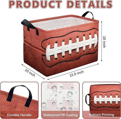 Football Storage Basket, Collapsible Waterproof Canvas Organizer Bin, Funny Rectangular Kids Toys Storage Box Rugby Sport Theme Room Decor, Shelf Baskets for Closet Bedroom Office Dorm (Red)
