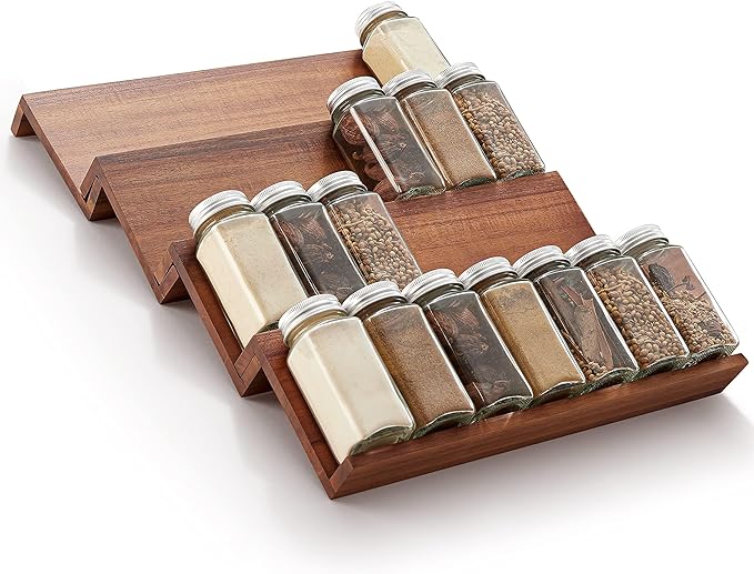 Tinamo Acacia Wooden Spice Rack Organizer for Cabinet - Spice Drawer Insert, Spice Organization for Cabinet, Seasoning Organizer, Spice Holder Pack of 4 (Acacia pack 4)