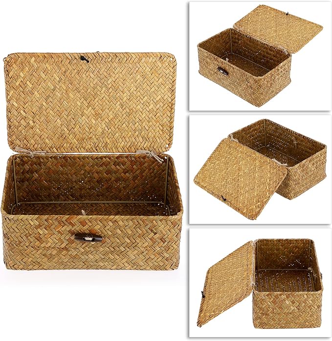 Hipiwe Wicker Shelf Baskets Bin with Lid, Handwoven Seagrass Basket Storage Bins Rectangular Household Basket Boxes for Shelf Wardrobe Home Organizer, Caramel Small