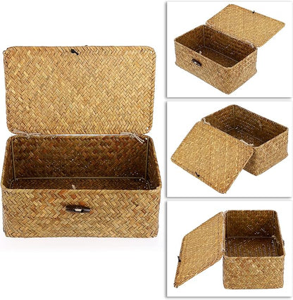 Hipiwe Wicker Shelf Baskets Bin with Lid, Handwoven Seagrass Basket Storage Bins Rectangular Household Basket Boxes for Shelf Wardrobe Home Organizer, Caramel Small