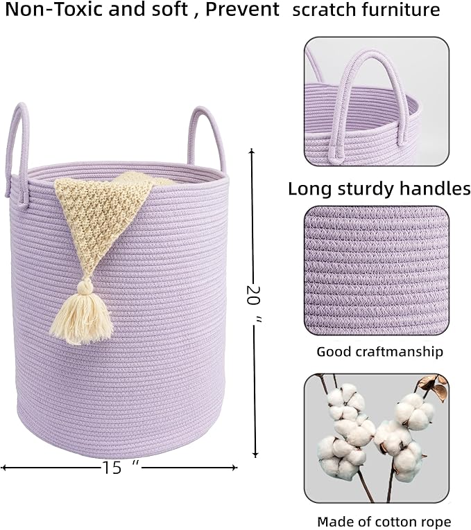 Woven Cotton Rope Laundry basket-15”X20” Laundry Hamper-Rope Storage Basket for Dirty Clothes, Toys and Blankets Perfect for Bathroom, Baby nursery and Living Room Storage (purple)