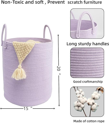 Woven Cotton Rope Laundry basket-15”X20” Laundry Hamper-Rope Storage Basket for Dirty Clothes, Toys and Blankets Perfect for Bathroom, Baby nursery and Living Room Storage (purple)